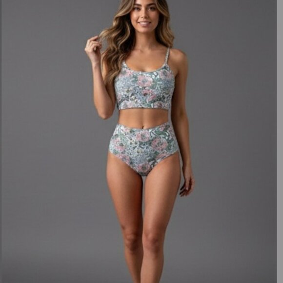 Boho Floral Print Round Neck Tankini Swimsuit Bathing Suit - Picture 2 of 7
